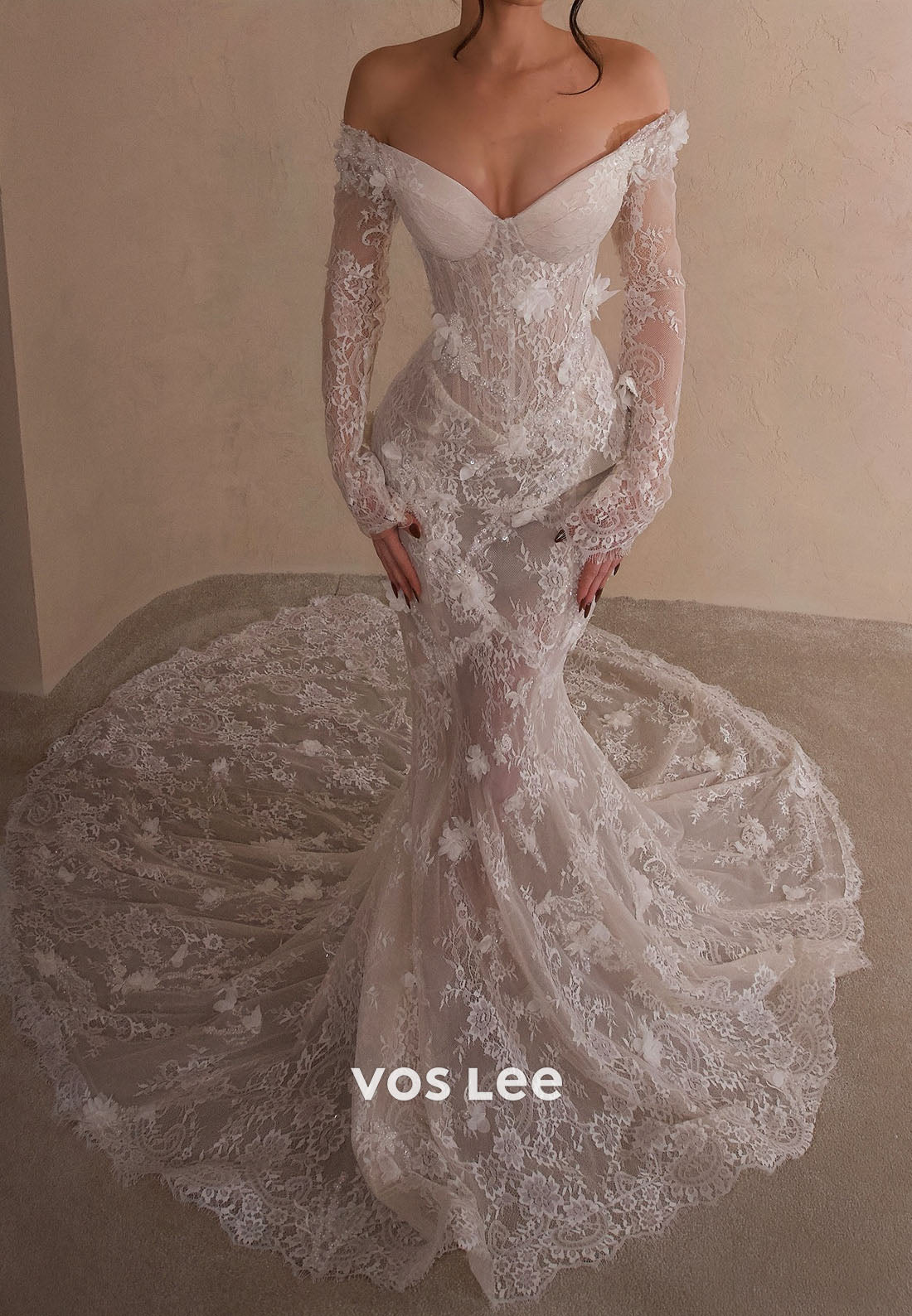 3D Floral Sheer Lace Wedding Dress Off-Shoulder Mermaid Bridal Gown