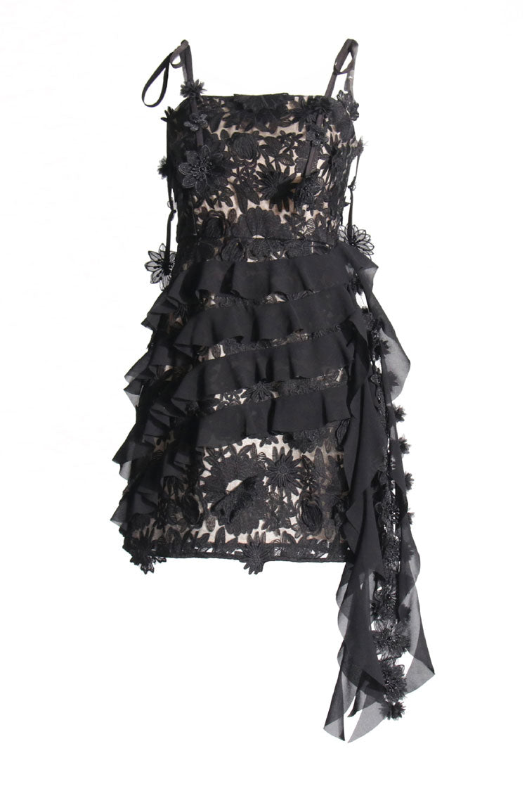 Flowy Rosette Embroidered Tiered Ruffle Draped Sleeveless Party Mini Dress - Fashionpara