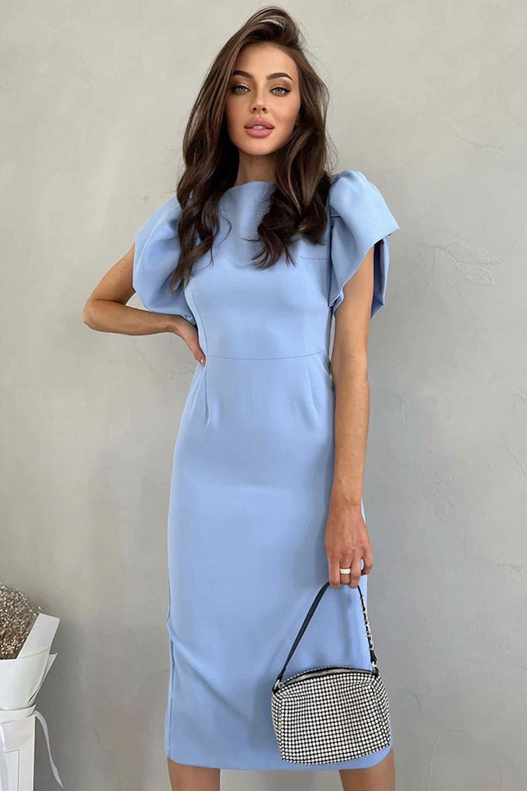 French Crew Neck Puff Sleeve Split Bodycon Cocktail Party Midi Dress - Blue - Fashionpara