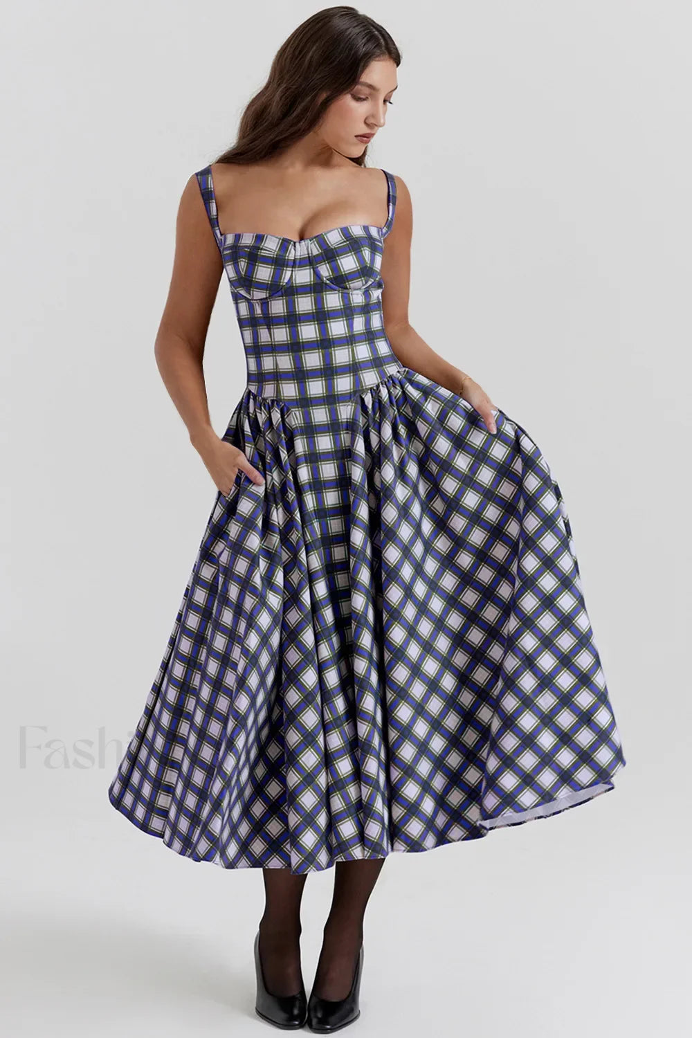 French Vintage Strap Midi Dress Tartan 1 / S