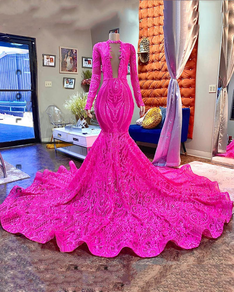 Fuchsia Long Mermaid Deep V-neck Sequined Prom Dress with Sleeves - View 2 | VelvetHem