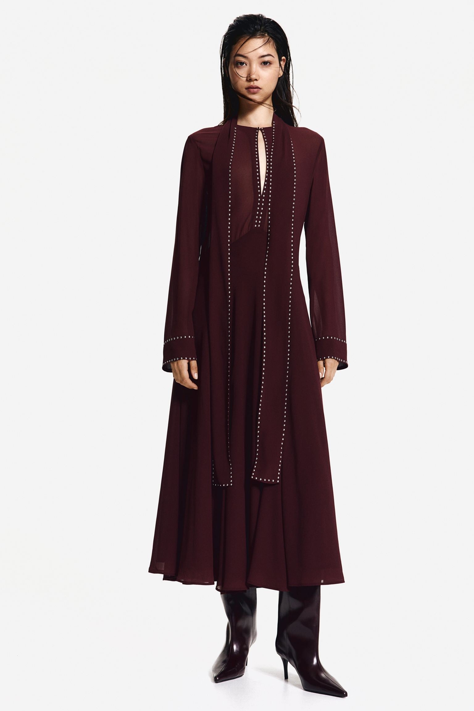 Aesthetic Leila Chiffon Midi Dress with Rivets Chic Silhouette Collection