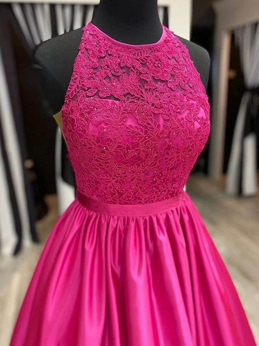 Fuscia Long A-line Halter Neck Satin Lace Formal Prom Dresses - View 2 | VelvetHem