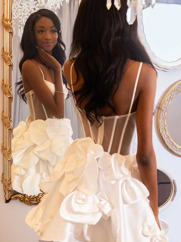 A-Line Spaghetti Straps Short Floral Satin Homecoming Dress