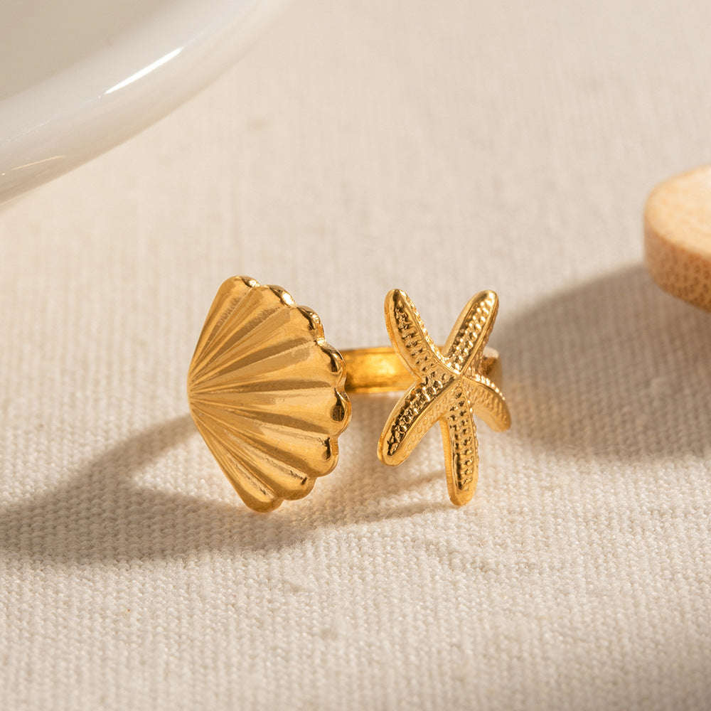 Gold Stainless Steel Starfish Shell Ring G13