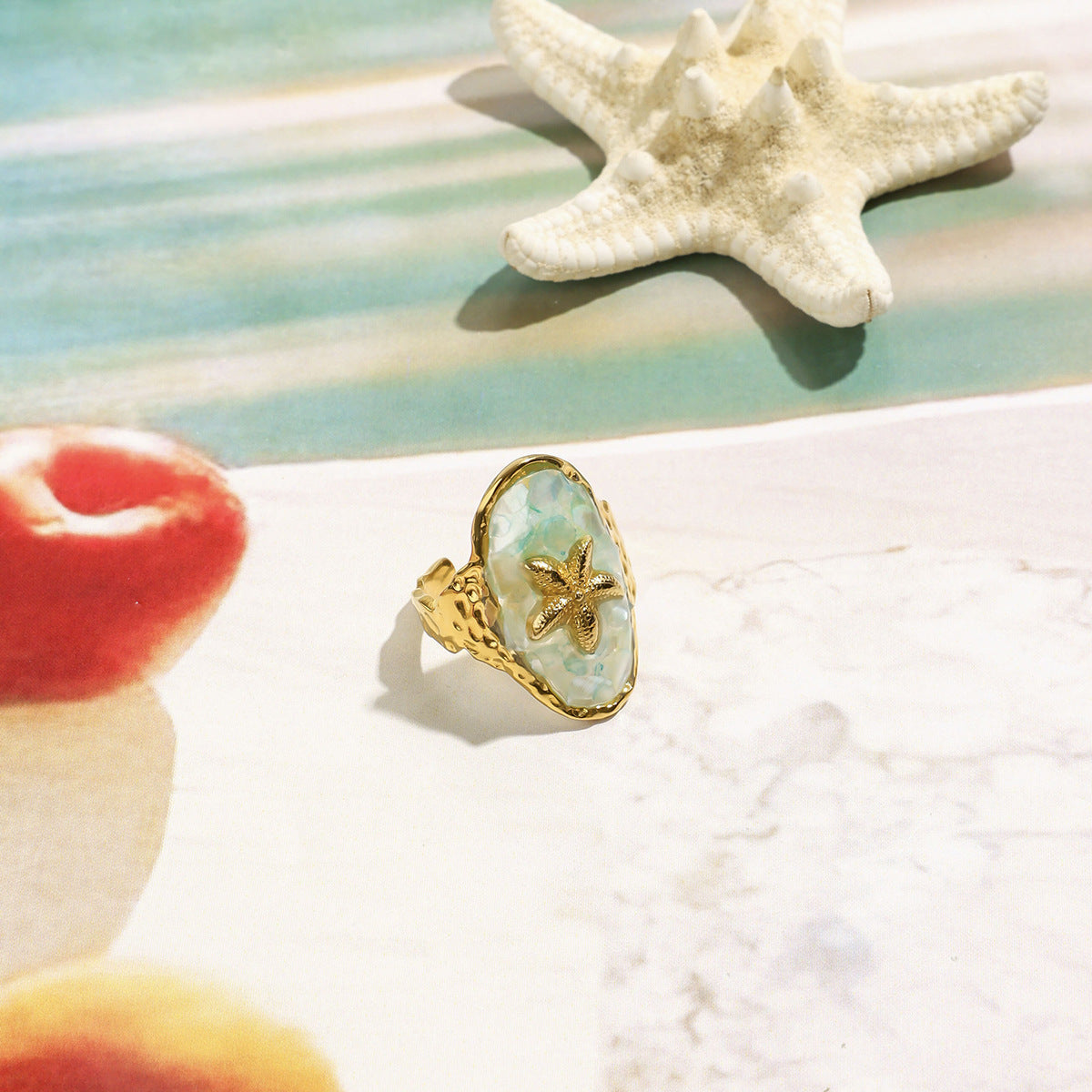 Ocean Blue Gold Starfish Ring G16