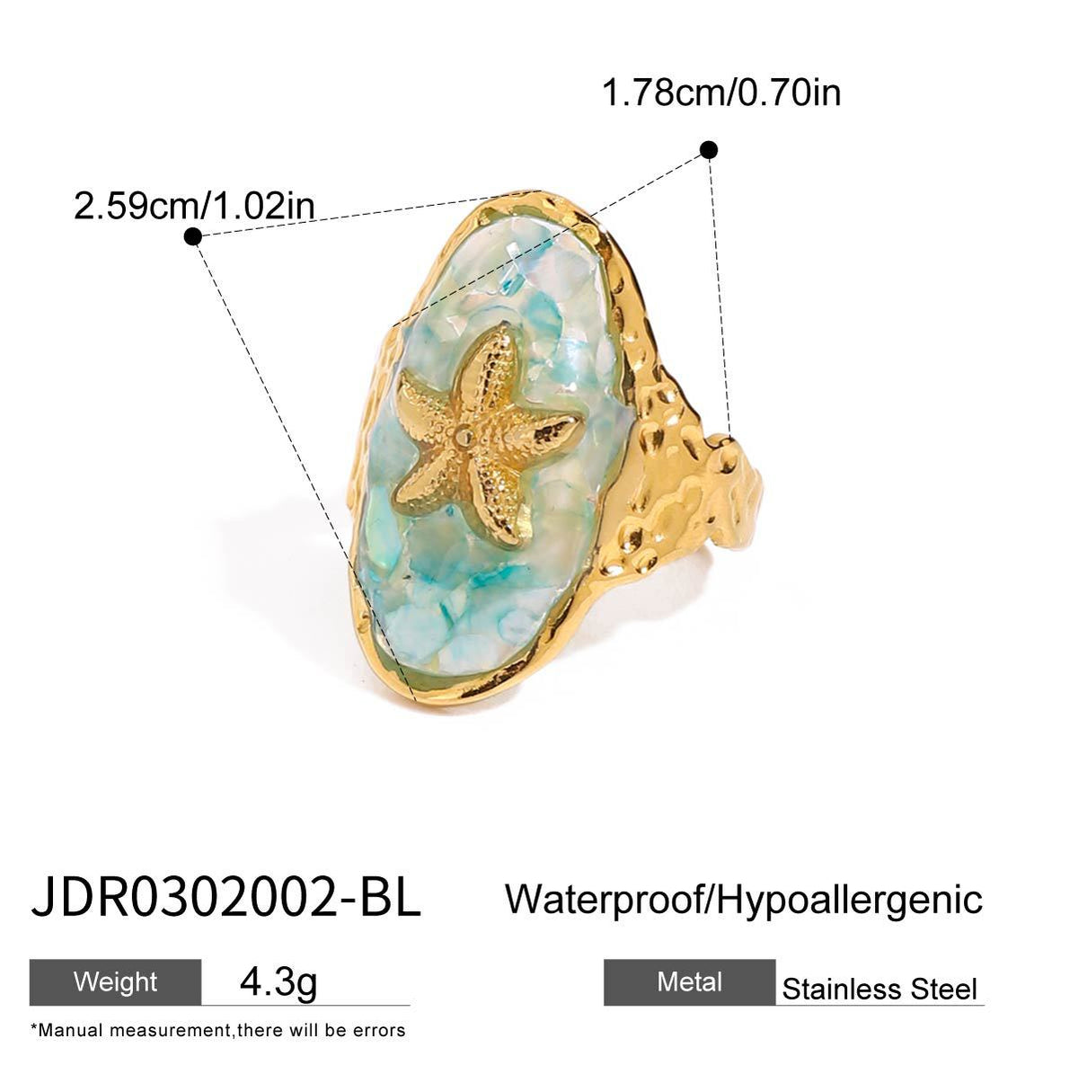 Ocean Blue Gold Starfish Ring G16