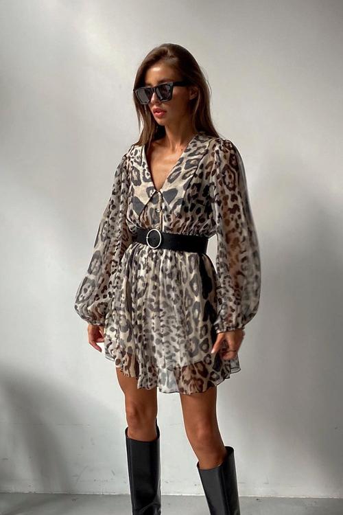 Gail Printed V - neck Belted Chiffon Mini Dress