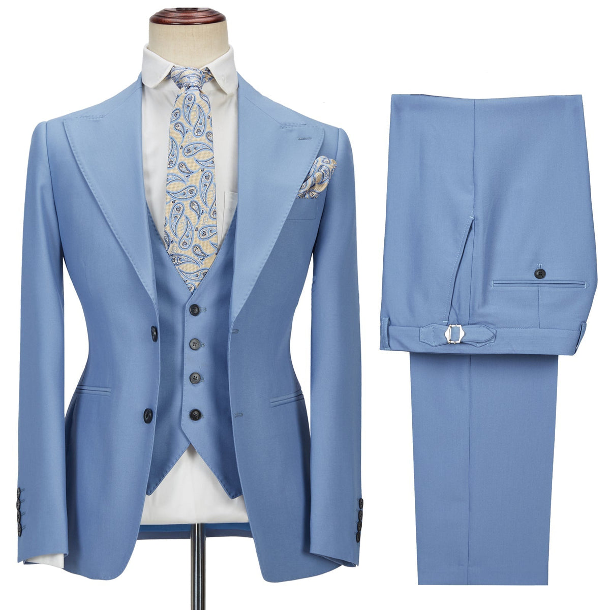 Gentle Blue Peak Lapel Men Suit Three-piece Men Formal Suit without Flap