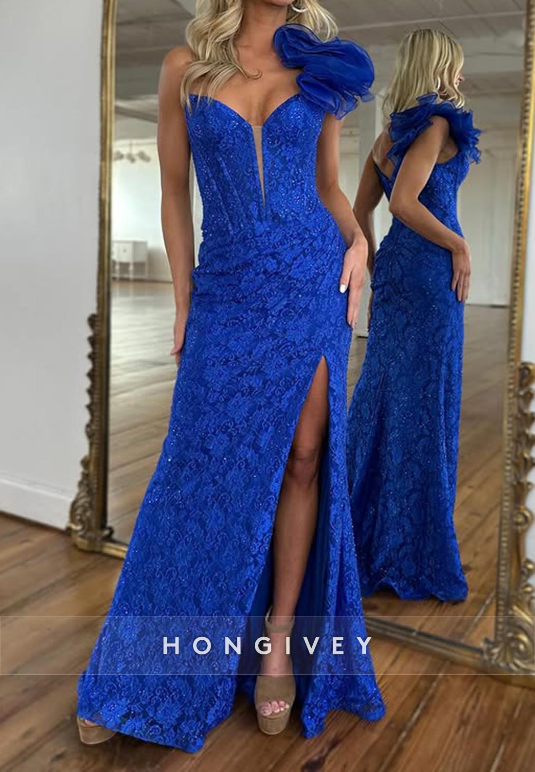 Allover  Lace Applique Floral Embossed Mermaid V-Neckline Prom Dresses