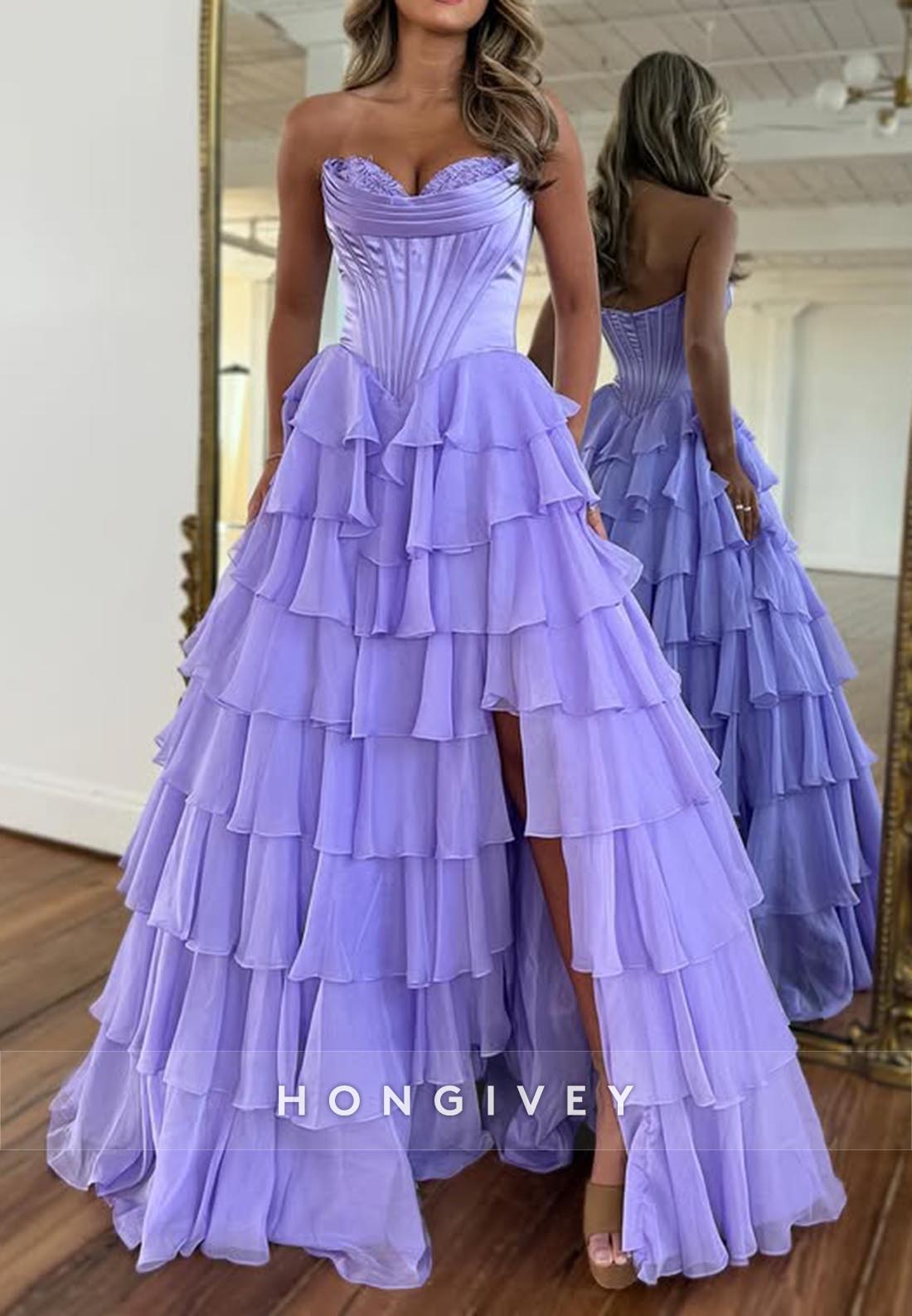 A-Line Tiered Pleats Floor-Length Sweetheart Evening Prom Dresses