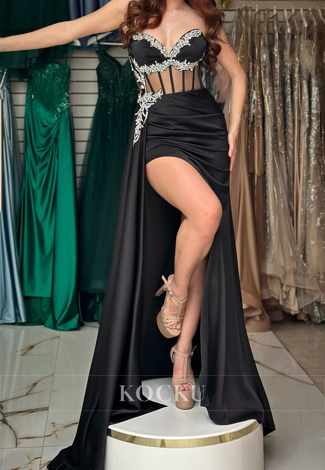Elegant Empire Waist Sweetheart High Slit Satin Formal Party Dress with Beaded