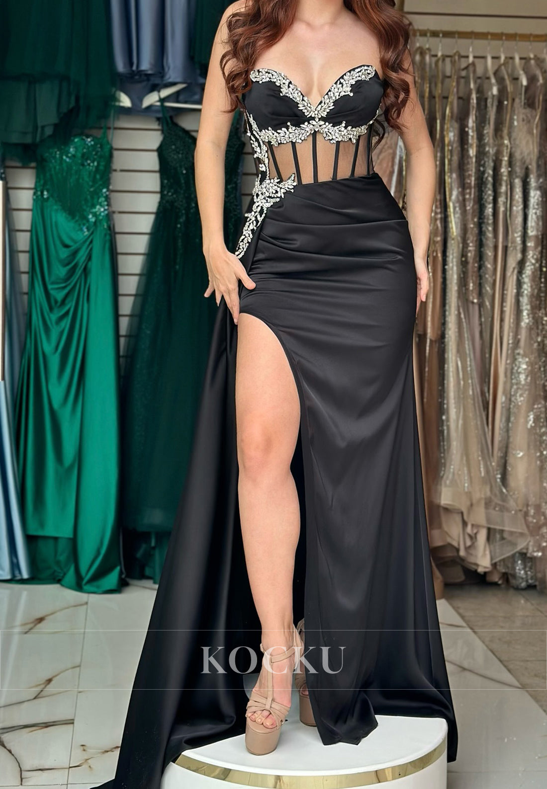 Elegant Empire Waist Sweetheart High Slit Satin Formal Party Dress with Beaded