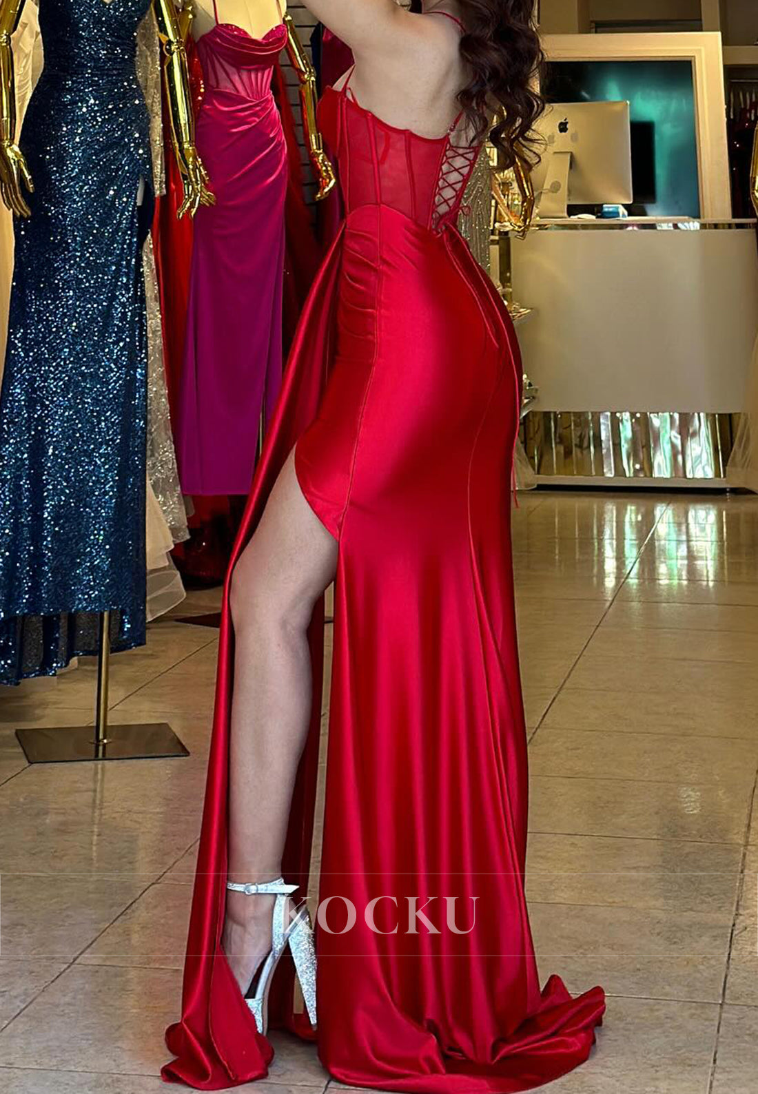 Graceful Spaghetti Straps Sweetheart Sheath Satin Long Party Prom Dress with Slit