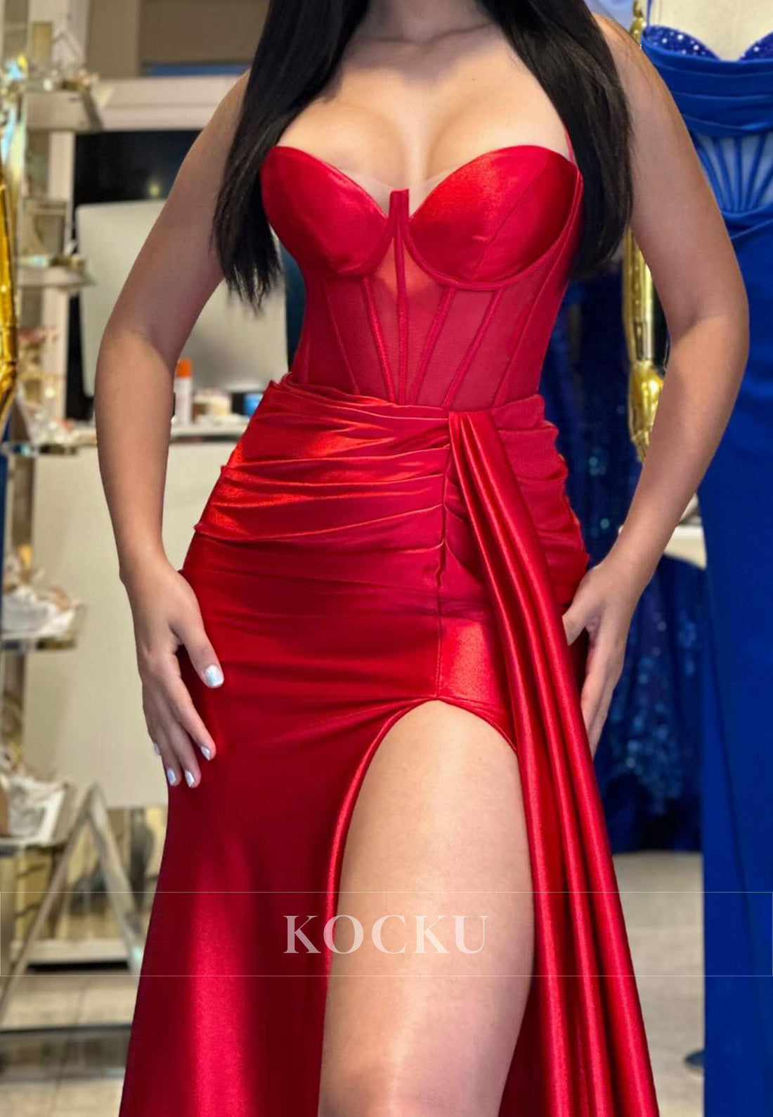 Graceful Spaghetti Straps Sweetheart Sheath Satin Long Party Prom Dress with Slit