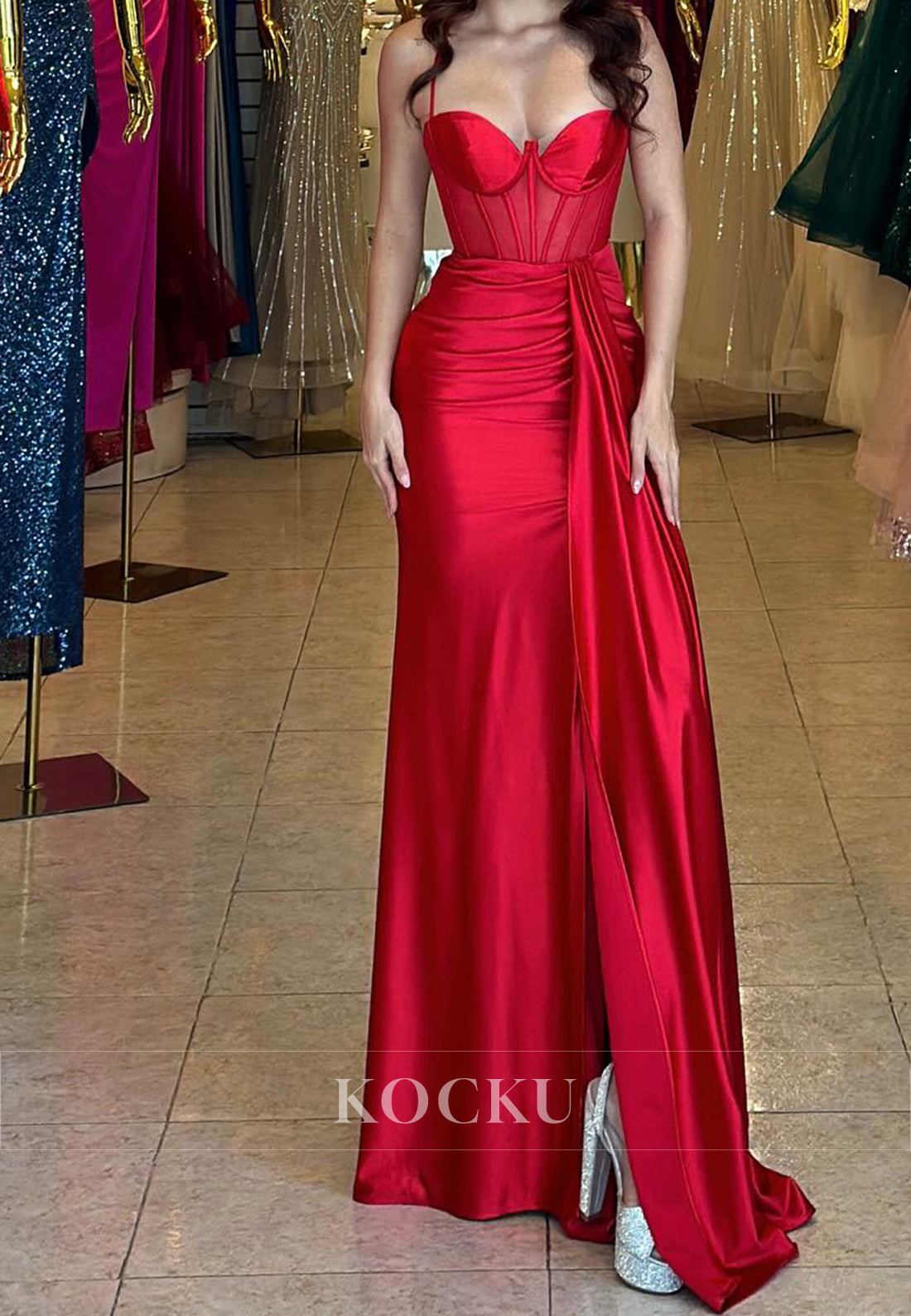 Graceful Spaghetti Straps Sweetheart Sheath Satin Long Party Prom Dress with Slit