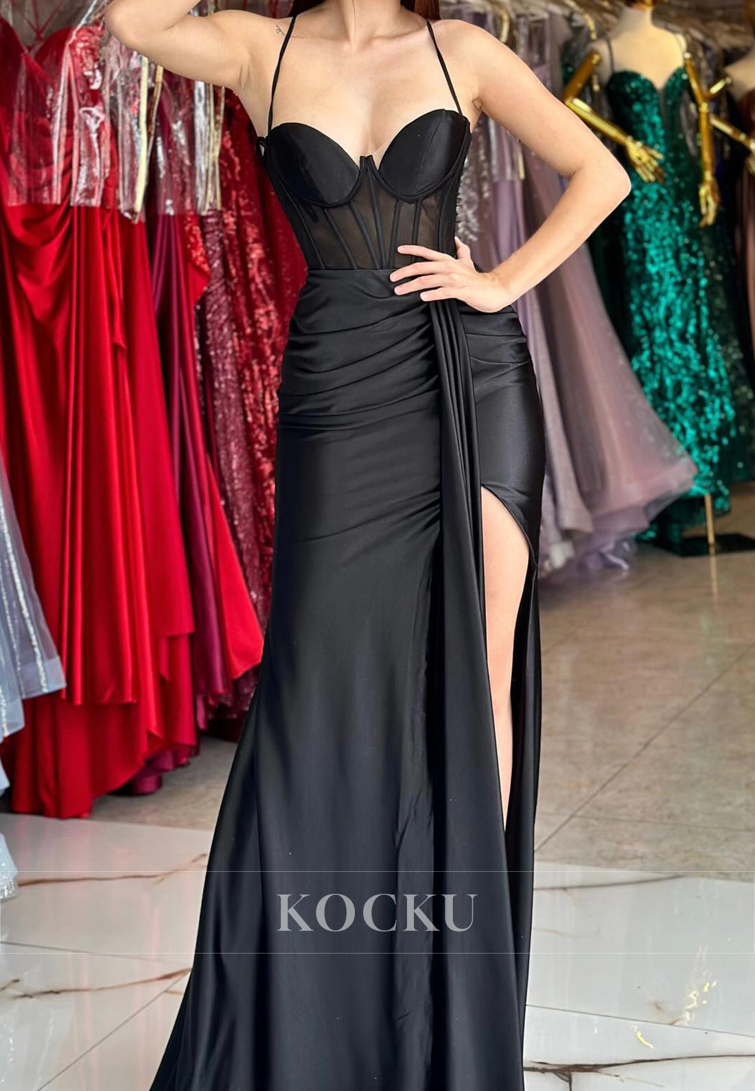 Graceful Spaghetti Straps Sweetheart Sheath Satin Long Party Prom Dress with Slit
