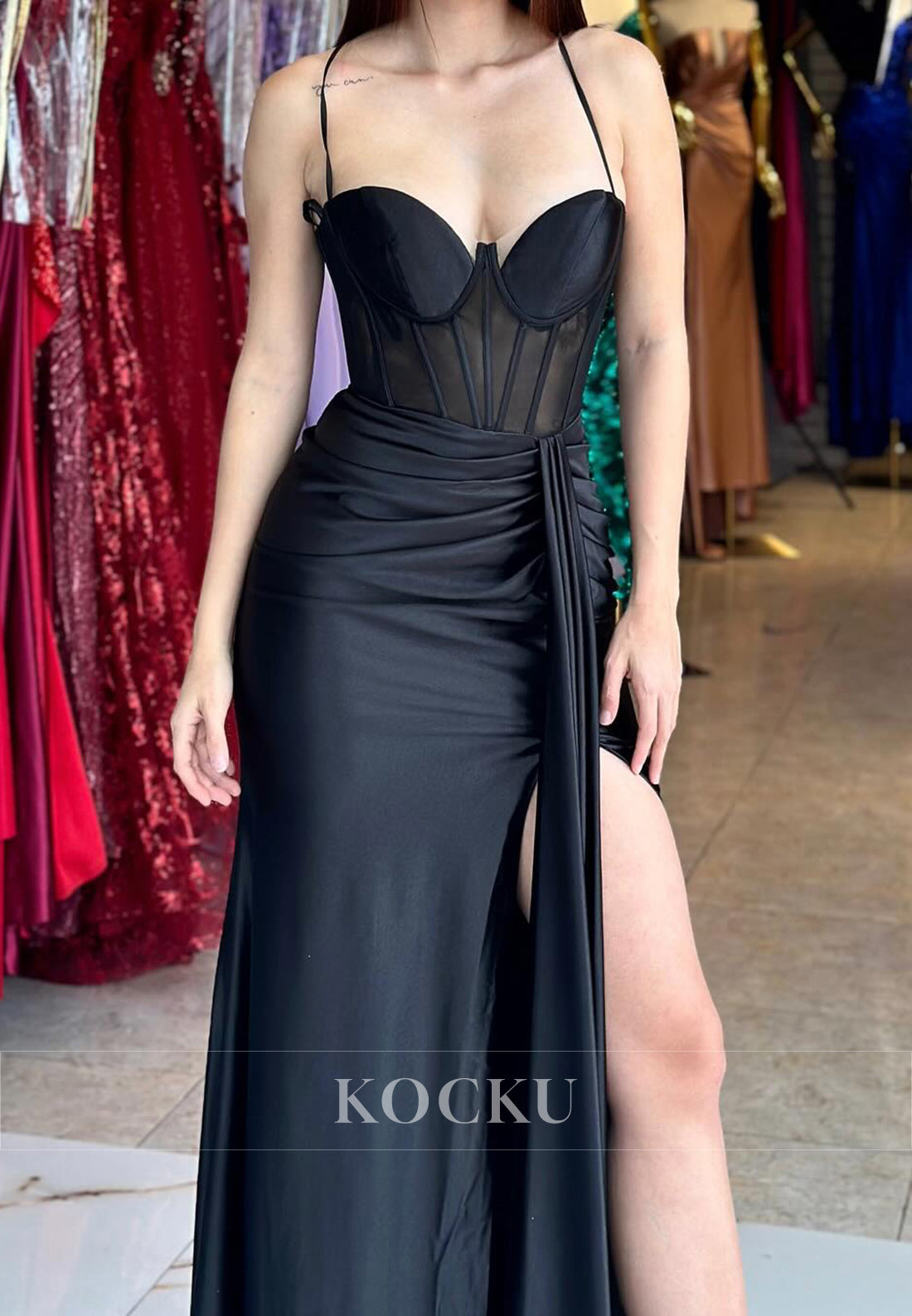 Graceful Spaghetti Straps Sweetheart Sheath Satin Long Party Prom Dress with Slit