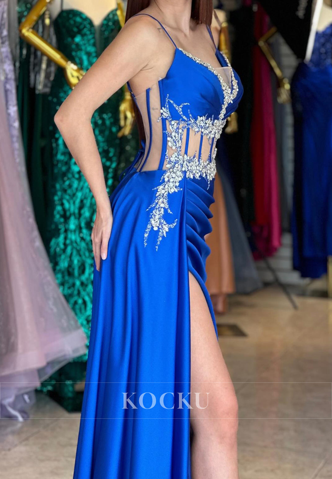 Charming Sweetheart Sheath Sleeveless Beaded Satin Evening Party Gown with Slit