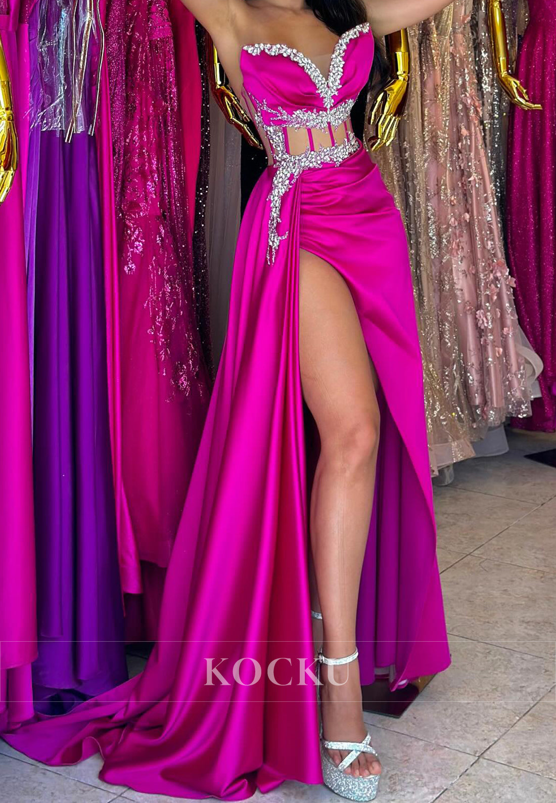 Charming Sweetheart Sheath Sleeveless Beaded Satin Evening Party Gown with Slit