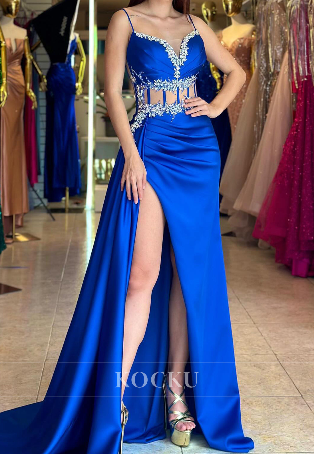 Charming Sweetheart Sheath Sleeveless Beaded Satin Evening Party Gown with Slit