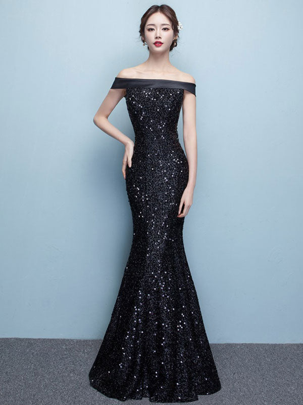 Glamorous Black Evening Dress Lace Sequin Bateau Mermaid Formal Dress Off-the-Shoulder Floor-Length Occasion Dress wedding guest dress