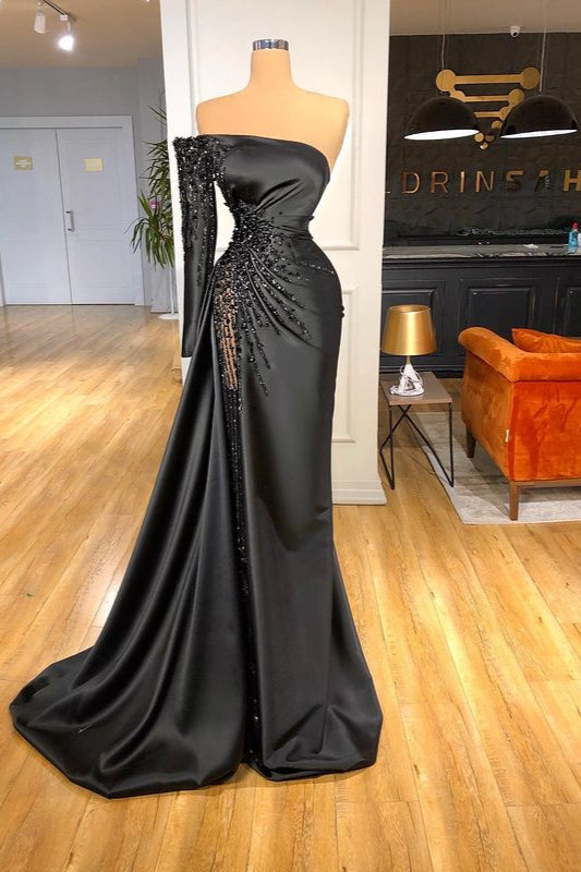 Glamorous Black Long Sleeve One-Shoulder Prom Dress Beadings Evening Gowns