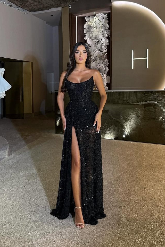 Glamorous Black Strapless Sleeveless Prom Dresses Floor-Length With High Slit Beadings