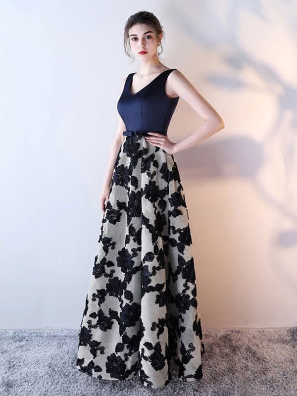 Glamorous Blue evening dress Long Satin Floral Print Evening Dress Dark Navy V-Neck Backless Floor-Length Formal Dress