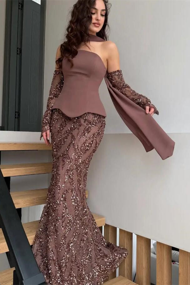 Glamorous Chocolate Strapless Sequins Mermaid Prom Dresses Sheath With Zipper Gloves
