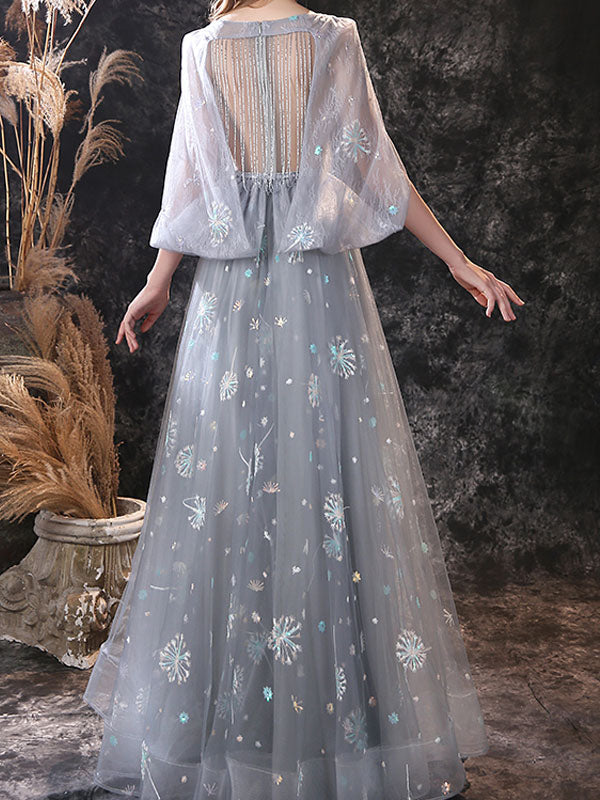 Glamorous Evening Dress A-Line Jewel Neck Lace Floor-Length Lace Formal Dinner Dresses