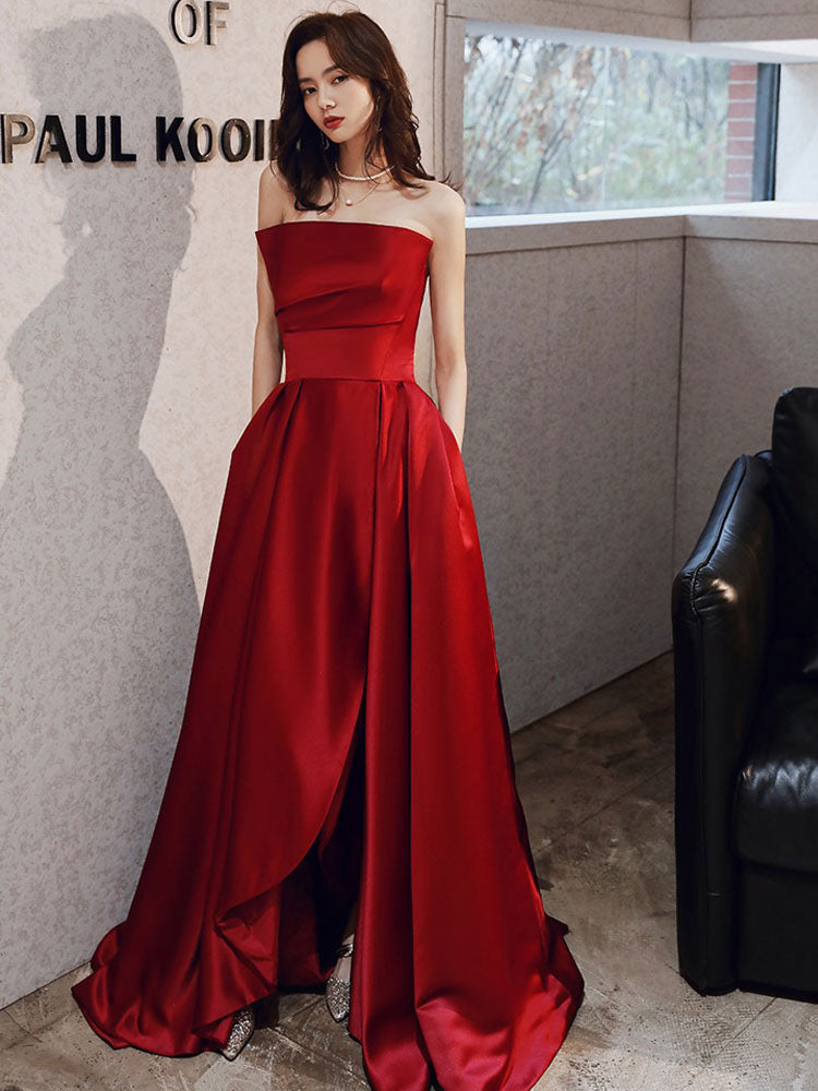 Glamorous Evening Dress A-Line Strapless Satin Fabric Floor-Length Pleated Social evening dress