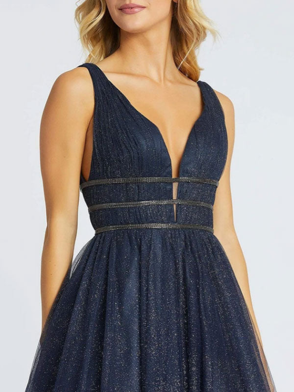 Glamorous Evening Dress Princess Silhouette V-Neck Sleeveless Backless Sequins Tulle Social Party Dresses