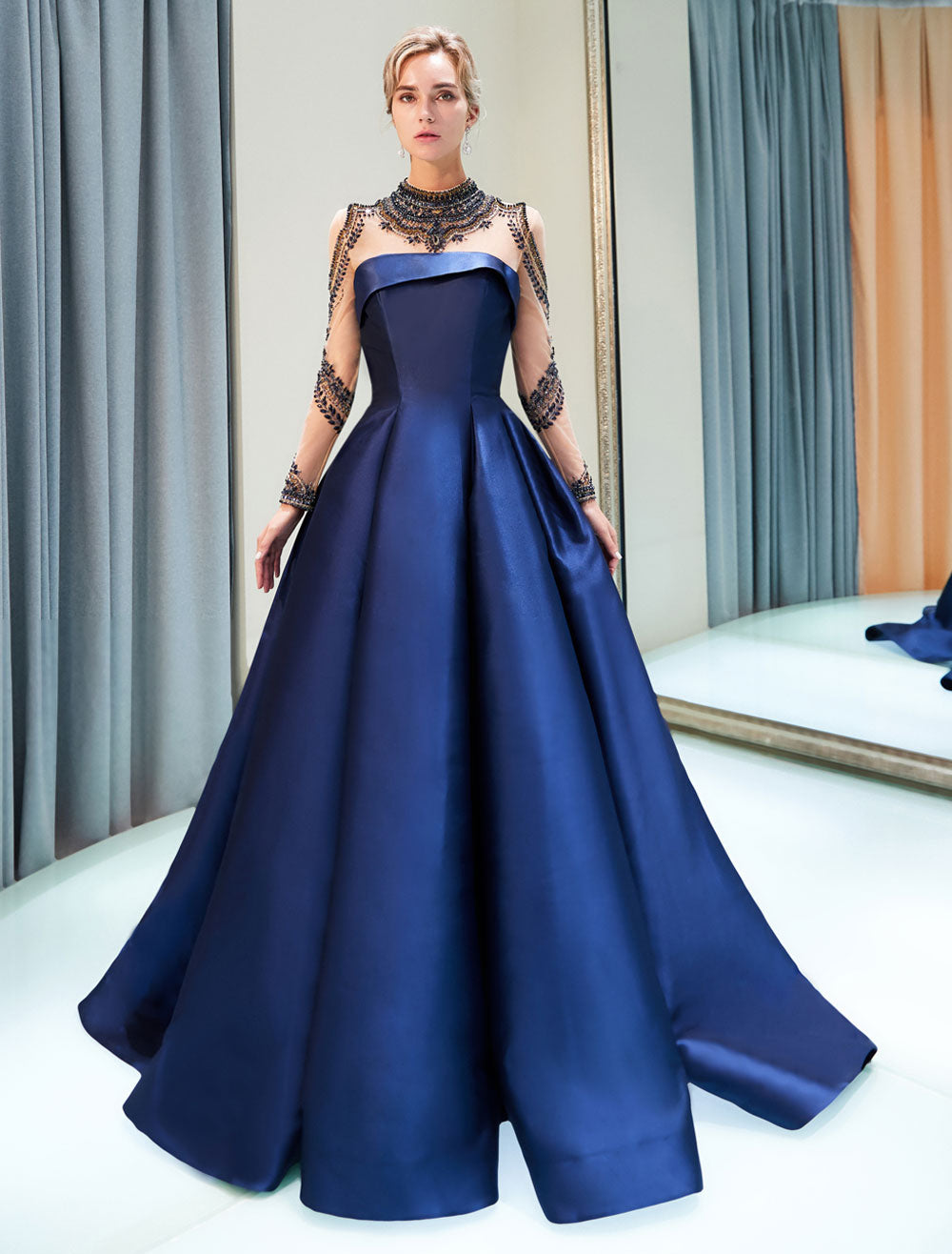 Glamorous Evening Dresses Luxury Dark Navy Satin A-Line Long Sleeve Lace Illusion High Collar Quinceanera Dress