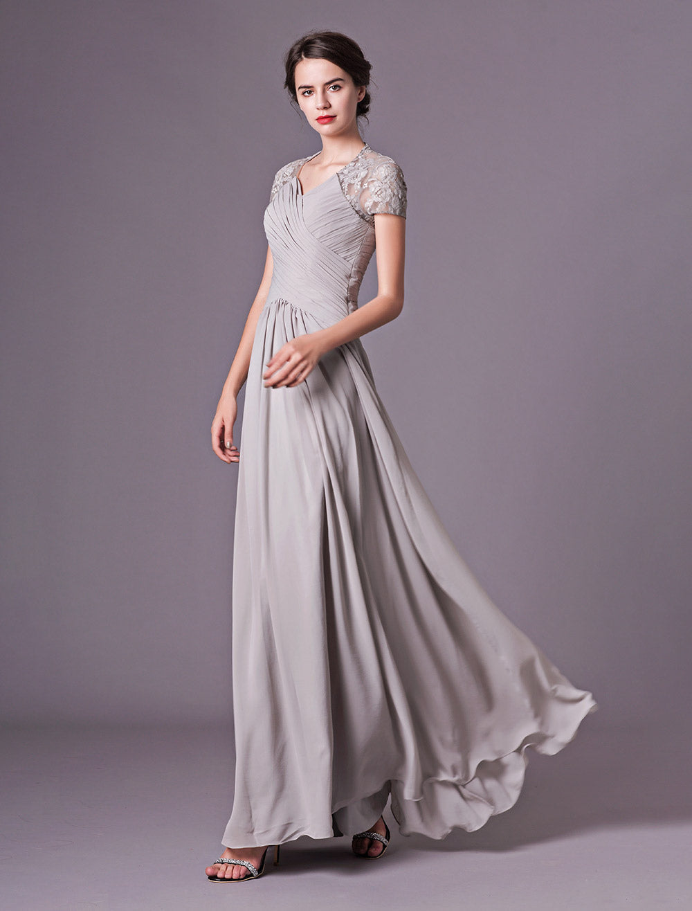 Glamorous Evening Dresses Silver Lace Short Sleeve Formal Gowns Chiffon Pleated Floor-Length Mother Of Bride Dress