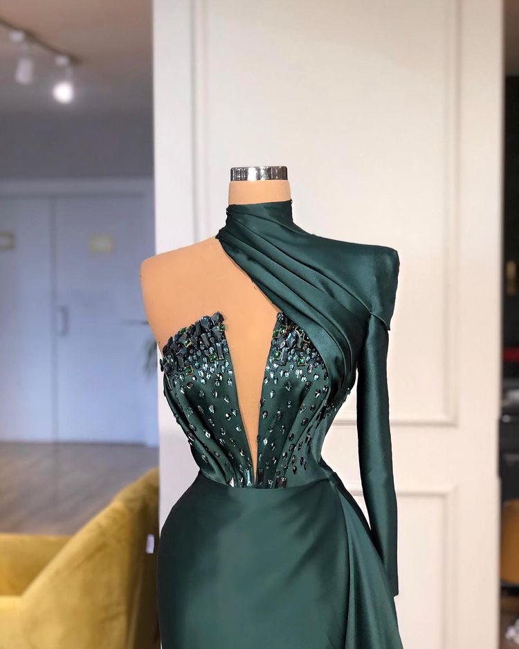 Glamorous High Neck One-Shoulder Long Sleeve Mermaid Evening Gowns With Crystals