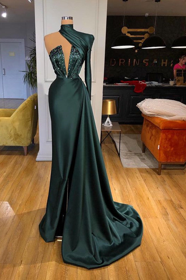 Glamorous High Neck One-Shoulder Long Sleeve Mermaid Evening Gowns With Crystals