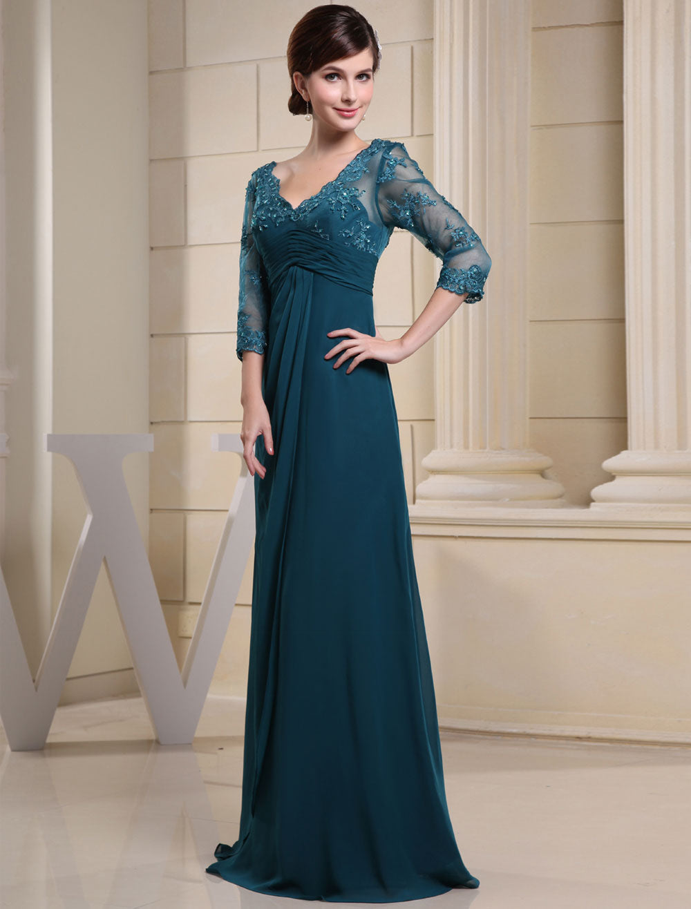 Glamorous Ink Blue Evening Dress Lace Applique Beading V-Neck Half Sleeves A-Line Wedding Party Dress