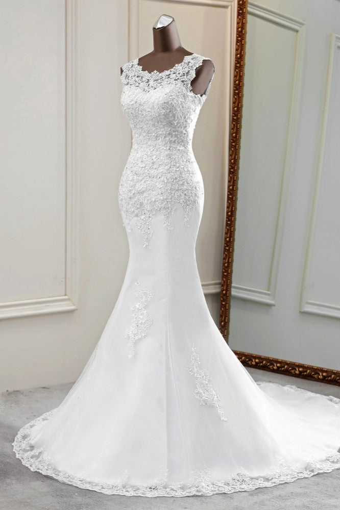Glamorous Jewel Lace Beading Wedding Dresses Sleeveless Appliques Mermaid Bridal Gowns (ZD17452)