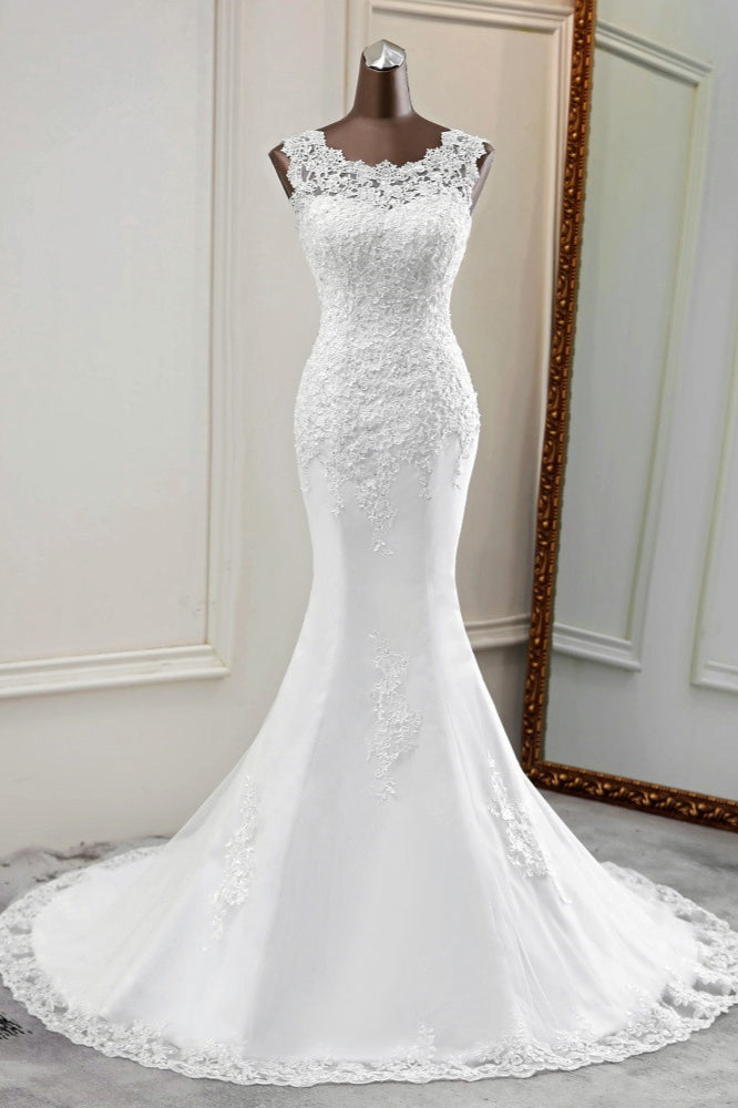 Glamorous Jewel Lace Beading Wedding Dresses Sleeveless Appliques Mermaid Bridal Gowns (ZD17452)