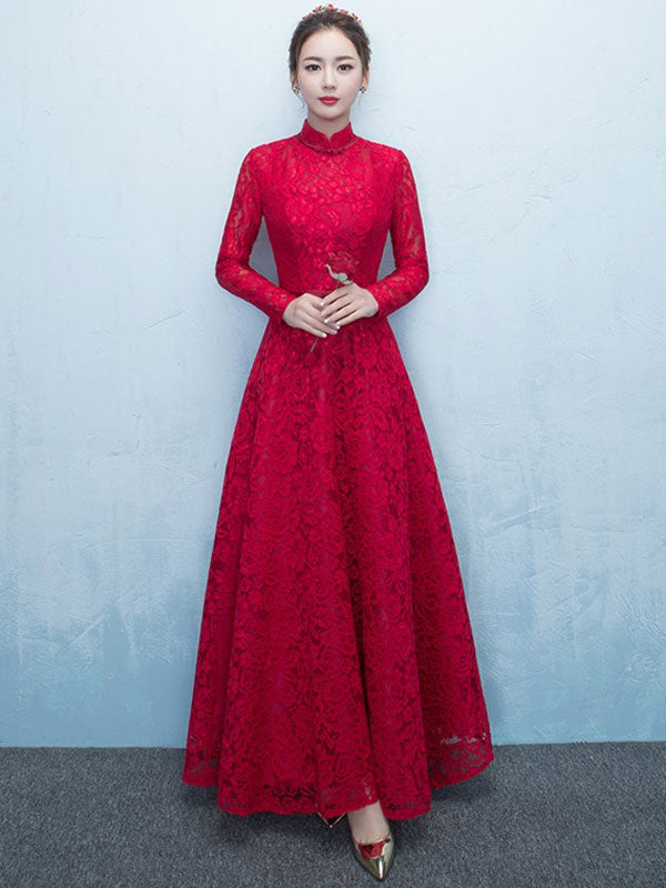 Glamorous Lace Mother Of The Bride Dress Burgundy High Collar Occasion Dress Long Sleeve A-Line Wedding Guest Dresses