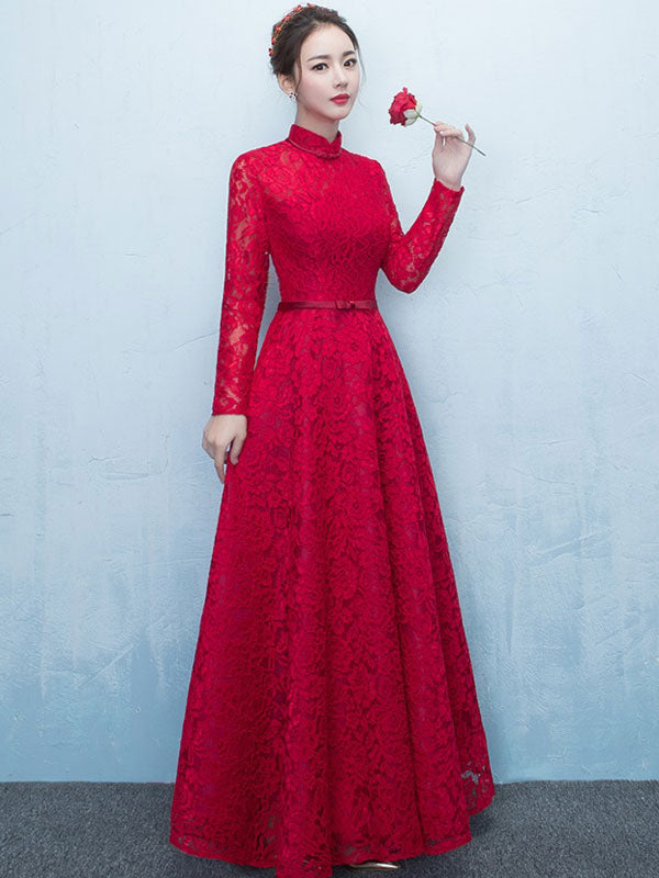 Glamorous Lace Mother Of The Bride Dress Burgundy High Collar Occasion Dress Long Sleeve A-Line Wedding Guest Dresses