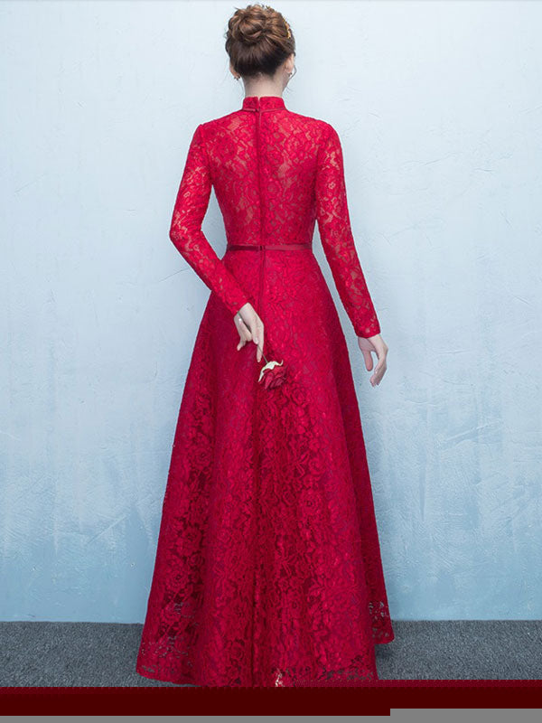 Glamorous Lace Mother Of The Bride Dress Burgundy High Collar Occasion Dress Long Sleeve A-Line Wedding Guest Dresses