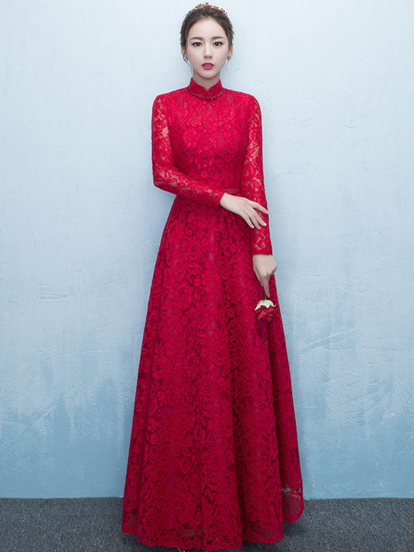 Glamorous Lace Mother Of The Bride Dress Burgundy High Collar Occasion Dress Long Sleeve A-Line Wedding Guest Dresses