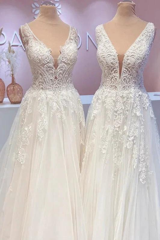 Glamorous Long A-Line Open Back Tulle Appliques Lace Wedding Dress (ZD15209)