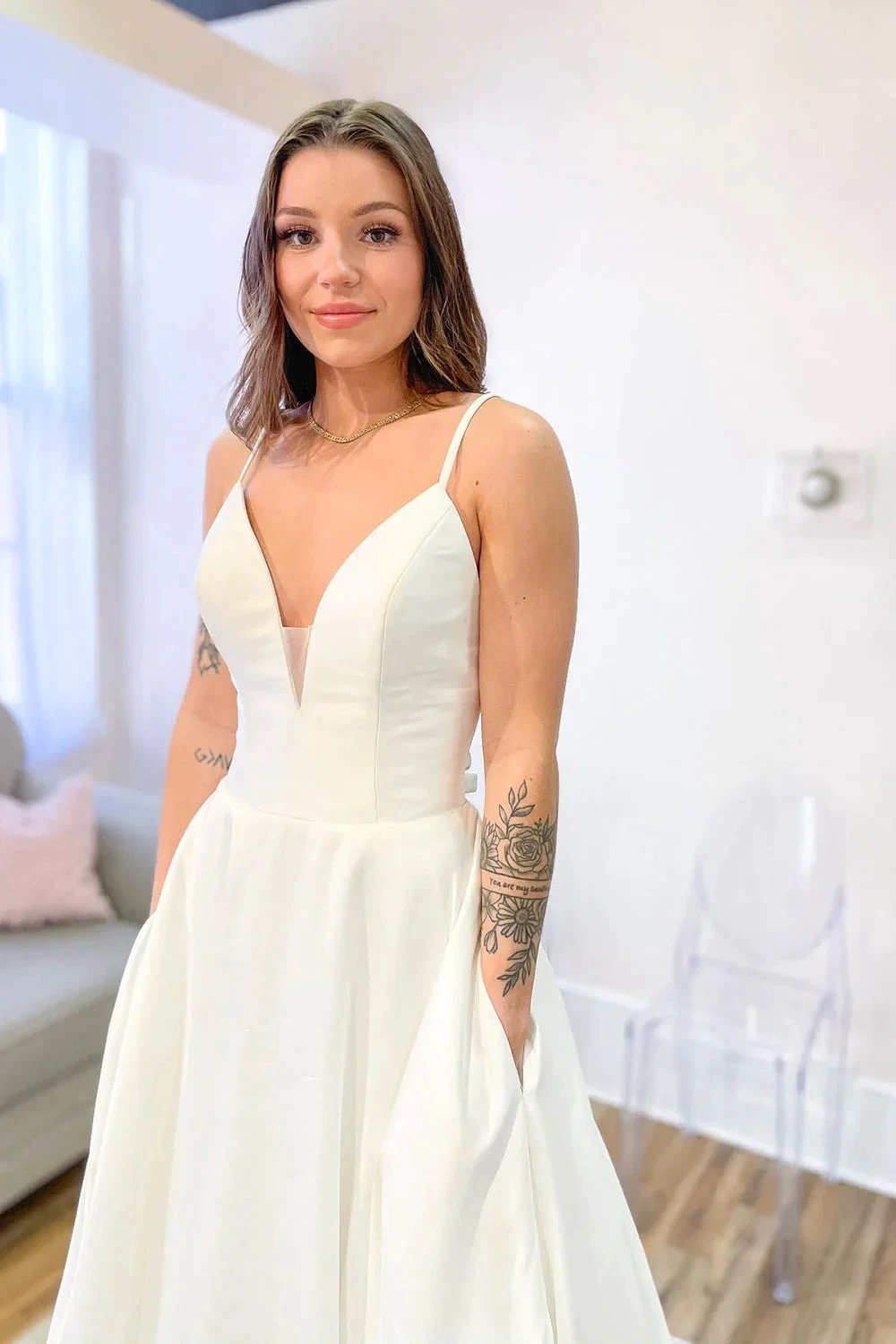 Glamorous Long A-Line Sweetheart Satin Backless Wedding Dress With Pockets (ZD14306)