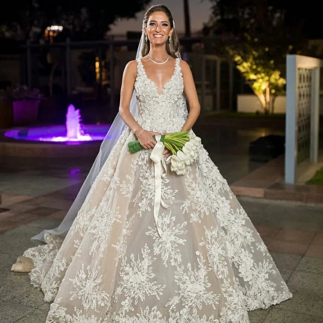 Glamorous Long A-line V-neck Lace Wedding Dress (ZD15028)