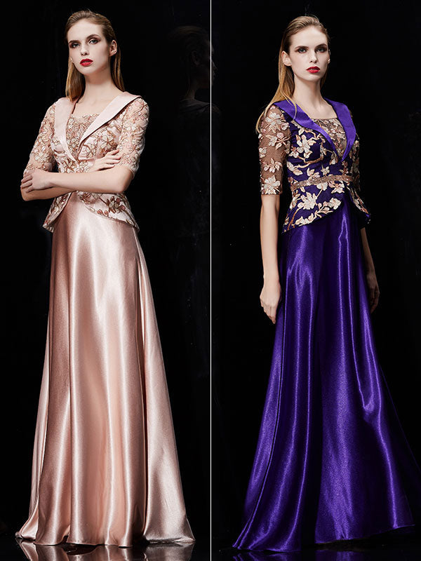Glamorous Long Evening Dress Satin Mother Dress Embroidered Beading Sash A-Line Illusion Half Sleeve Shawl Collar Maxi Wedding Guest Dresses