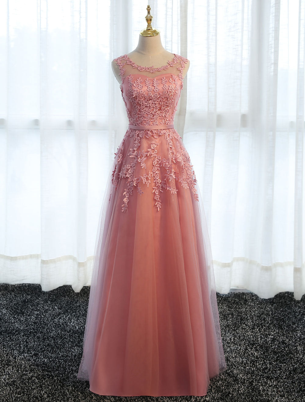 Glamorous Long Evening Dresses Lace Cameo Pink Party Dress A-Line Applique Tulle Maxi Formal Dress