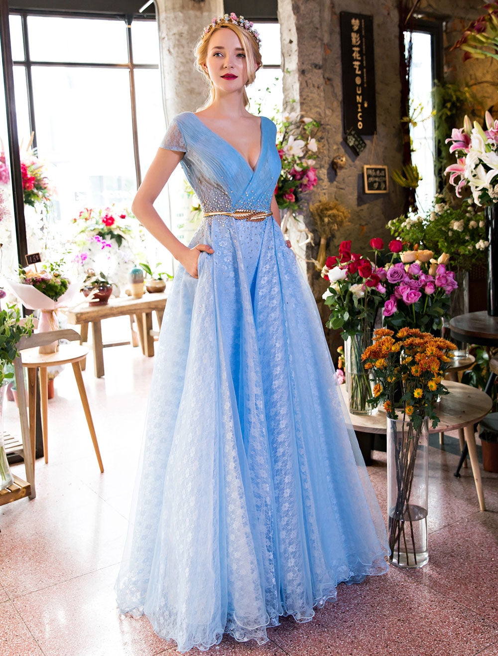Glamorous Long Evening Dresses Luxury V-Neck Rhinestones Beading Cap Sleeve Pleated Lace Tulle Baby Blue Formal Evening Dresses
